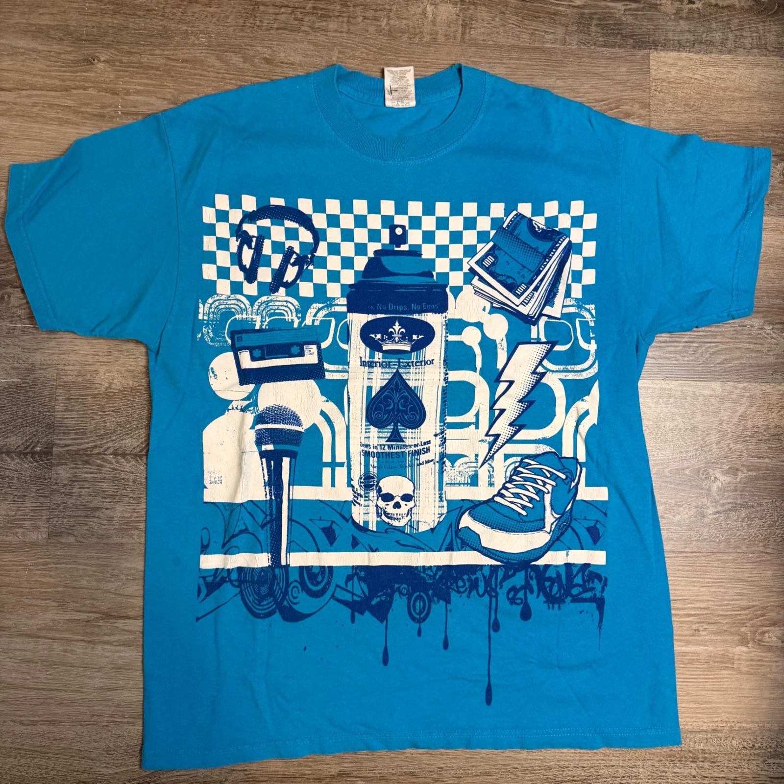 Jerzees Mens Streetwear Graphic T-Shirt Turquoise Blue Hip Hop Urban Size Large